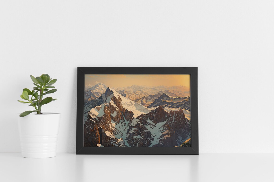 Snowy Mountain Peaks Golden Sunset Alpine Landscape Scene Poster - Image 3