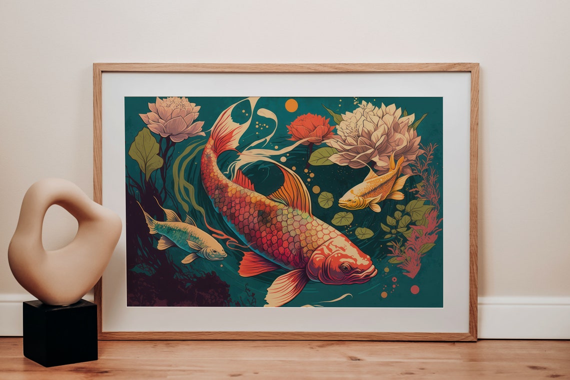 Red Koi Fish With Lotus Flowers Japanese Ukiyo E Style Poster - Image 4