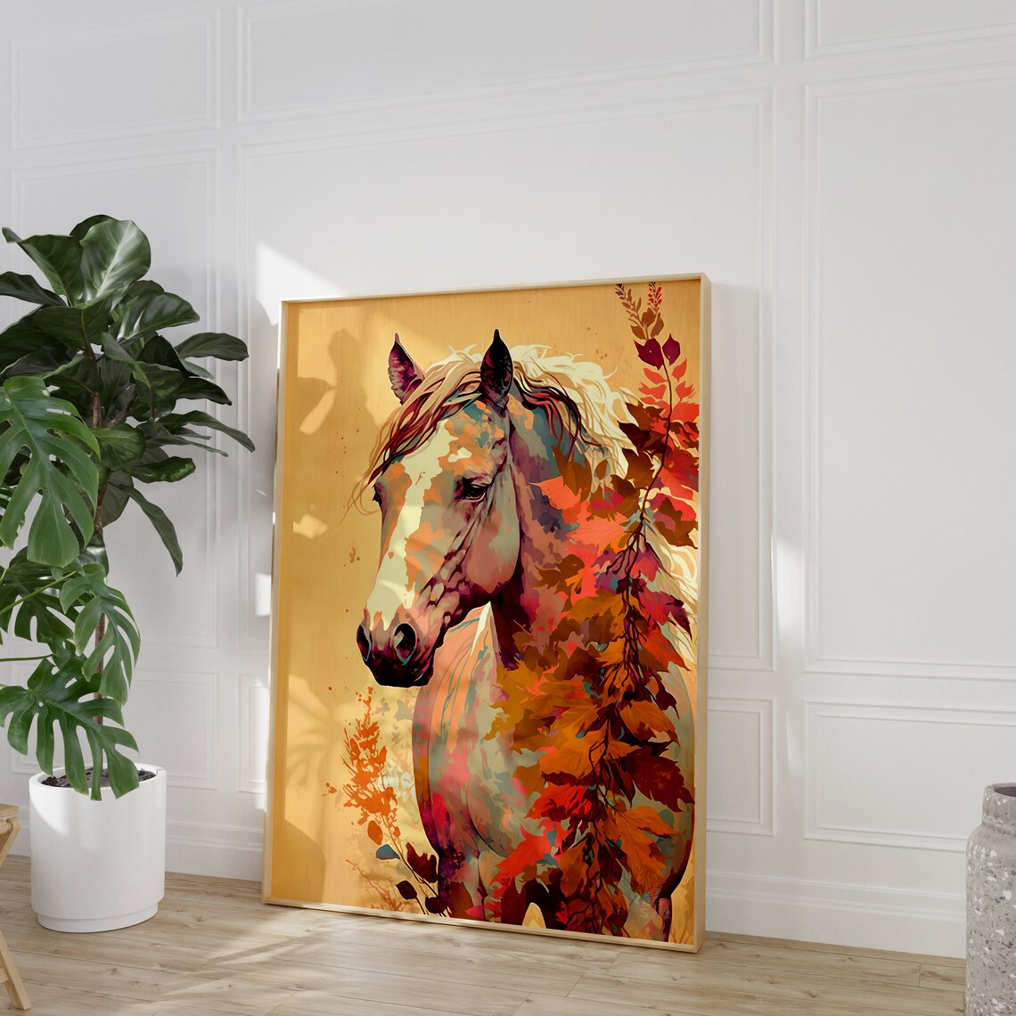 White Horse Portrait Watercolor Autumn Floral Meadow Scene Poster - Image 2