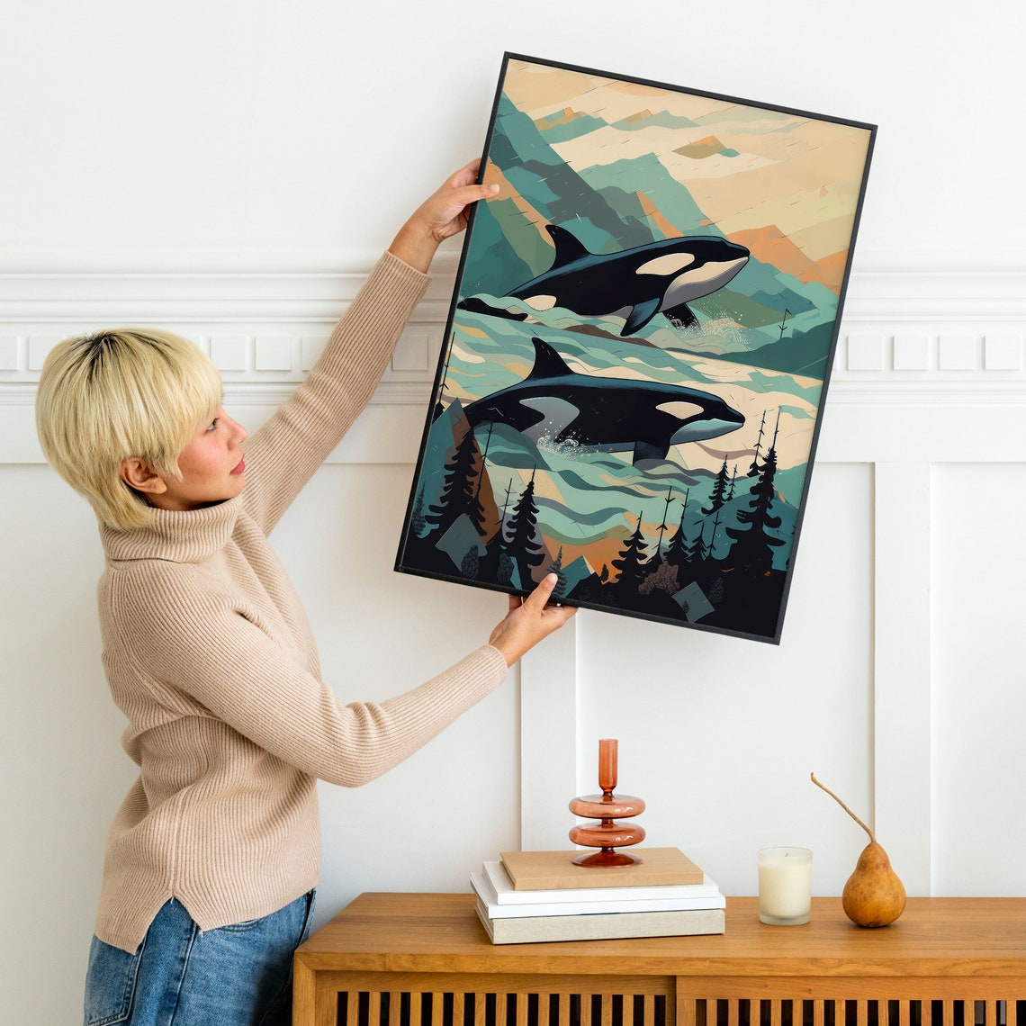 Two Orcas Breaching Before Mountain Fjords Wildlife Art Poster - Image 2