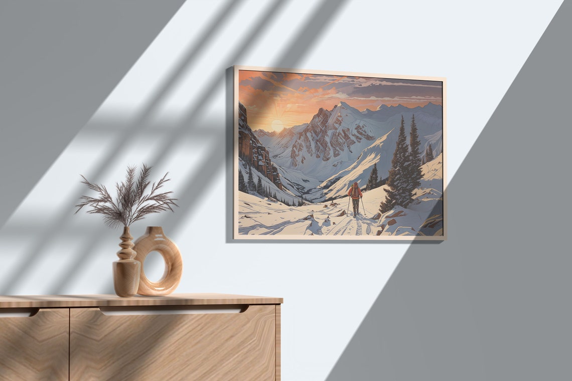 Lone Skier Climbing Snowy Ridges Glowing Sunrise Peaks Poster - Image 2