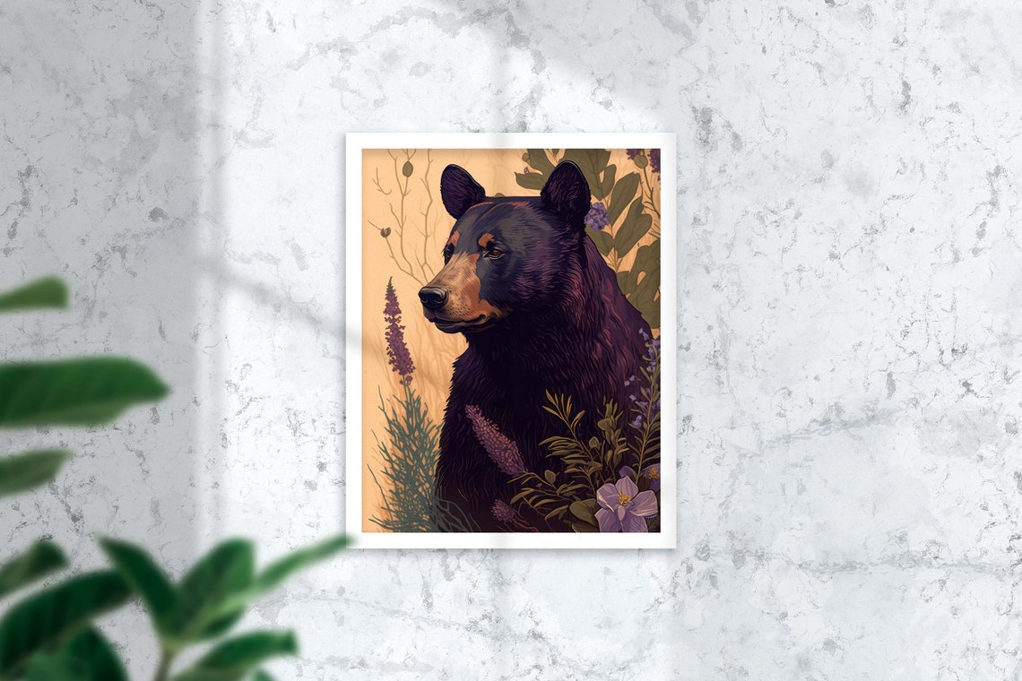 Black Bear Standing Among Lavender Wildflowers Cabin Art Poster - Image 3