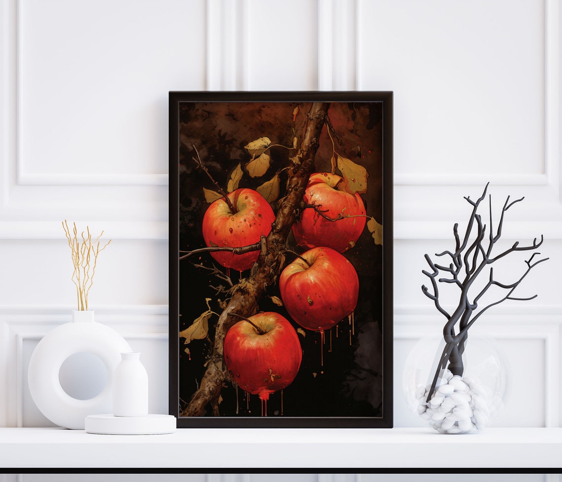 Dark Moody Red Apple Orchard Rustic Branch Harvest Painting Poster - Image 2