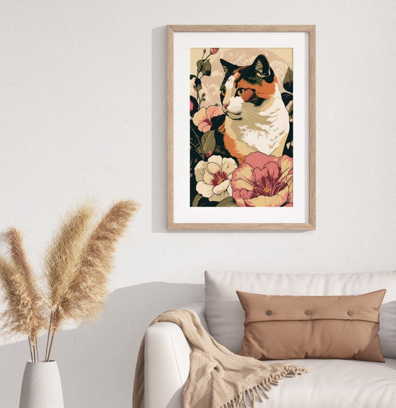 Farmhouse Calico Cat Flower Art Print