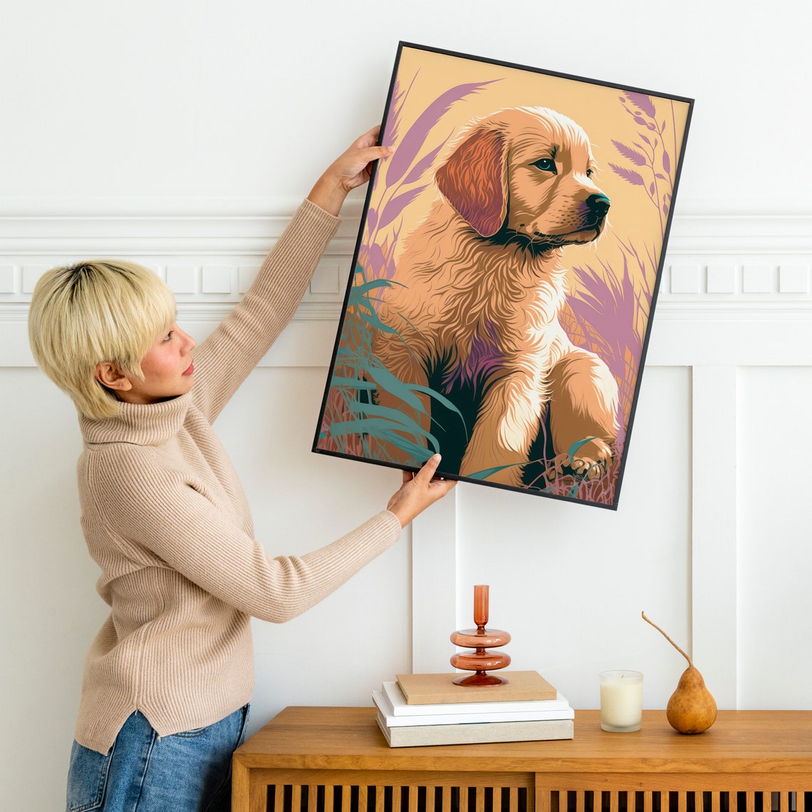 Golden Retriever Puppy Poster Purple Meadow Peach Cute Dog Art Decor - Image 2