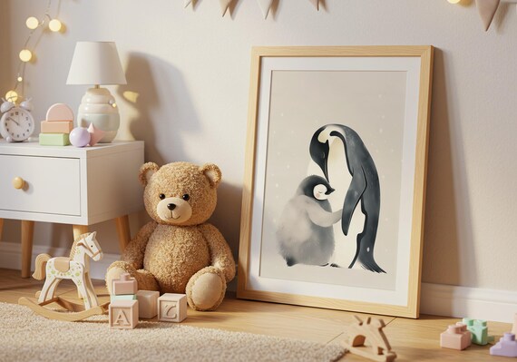 Nursery Wall Art Penguin Poster Mother And Baby Cute Animal Print Decor Love Home