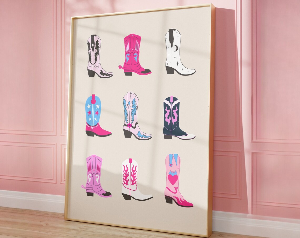 Colorful Illustrated Cowboy Boots Grid Western Girl Room Poster - Image 3