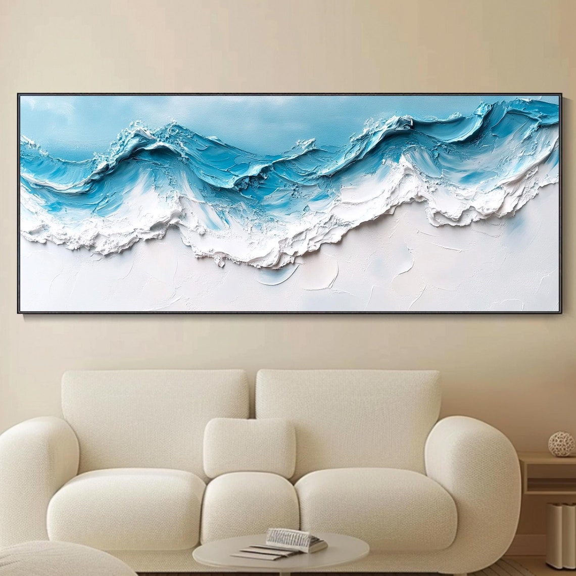 White Turquoise Ocean Waves 3D Textured Abstract Oil Painting Wall Art