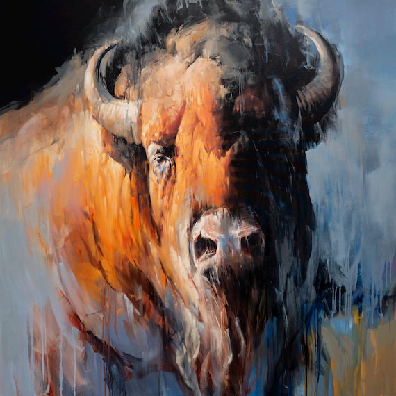 Powerful Bison Head Close Up in Warm Orange Tones Expressive Poster