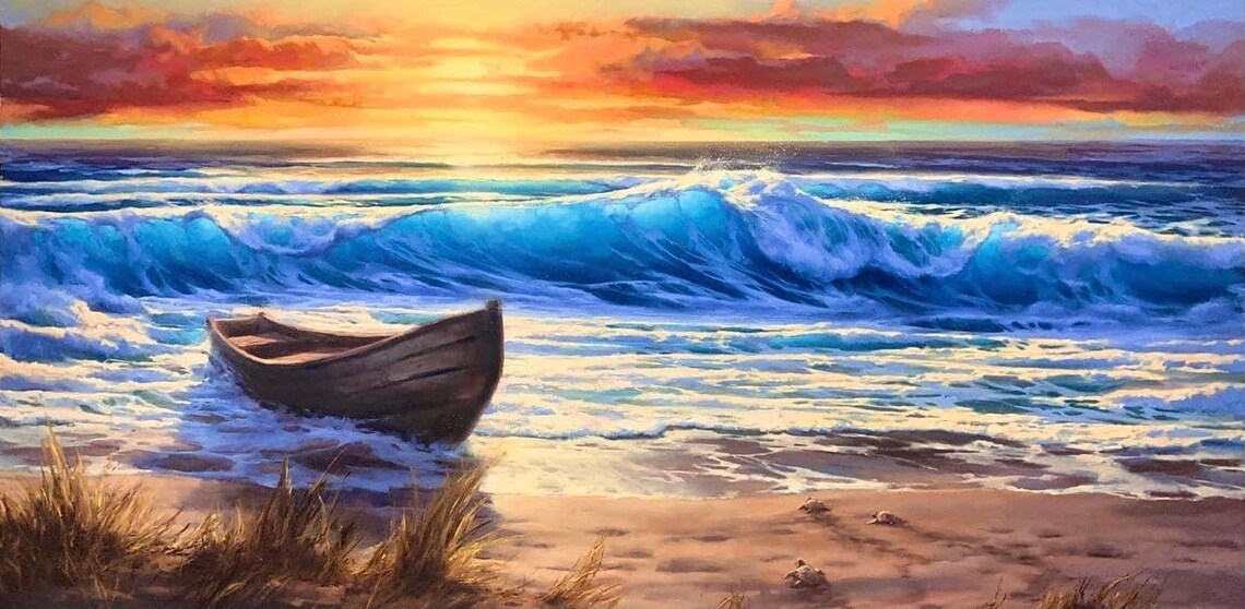 Wooden Rowboat On Sandy Beach At Sunset With Blue Ocean Waves Poster