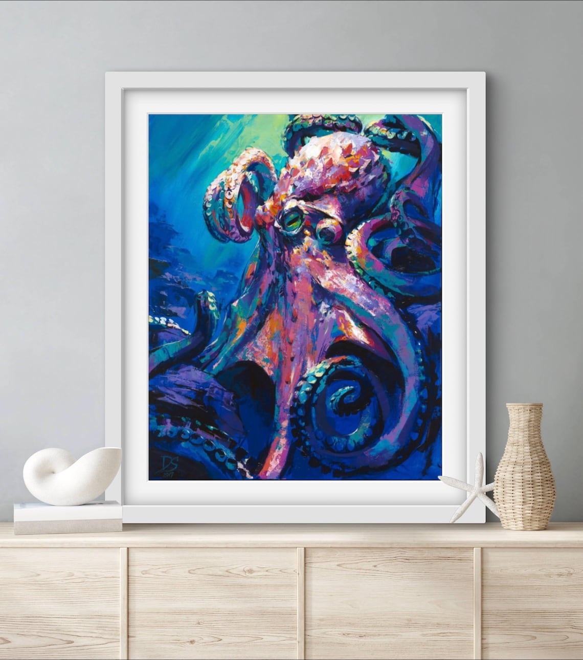 King Octopus Coastal Wildlife Art Print, Nautical Whimsy