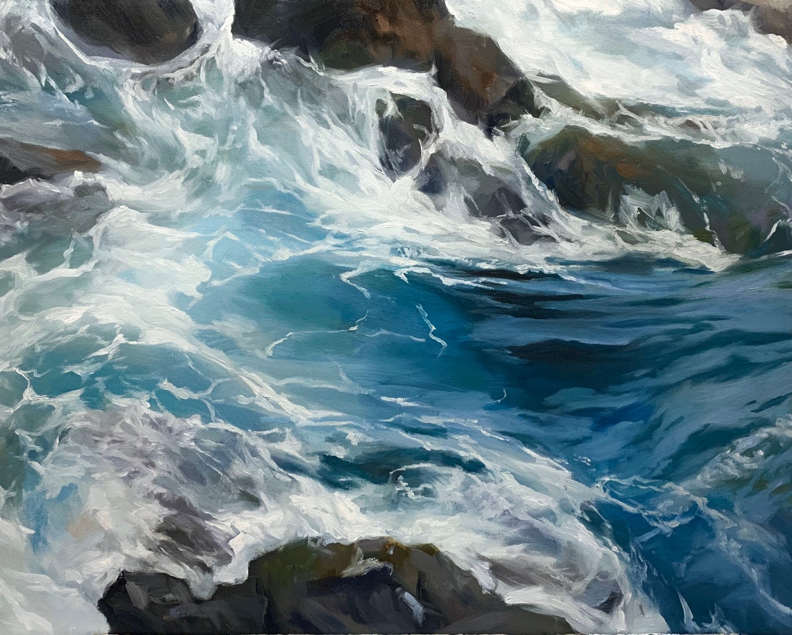 Turquoise Surf Foaming Over Dark Rocks Aerial Ocean View Poster