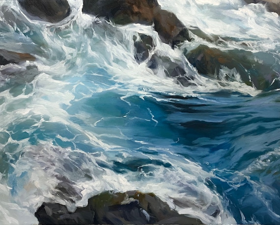 Turquoise Surf Foaming Over Dark Rocks Aerial Ocean View Poster