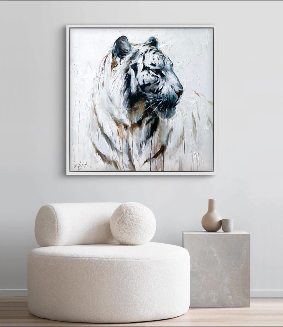 White Tiger Profile Minimalist Wildlife Painting on White Poster