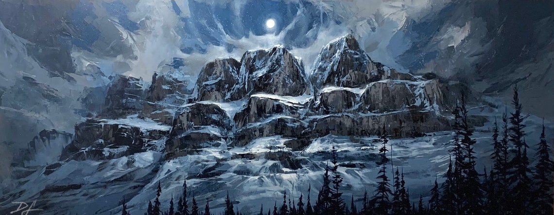 Moonlit Snowy Mountain Peaks Night Pine Forest Painting Art Poster
