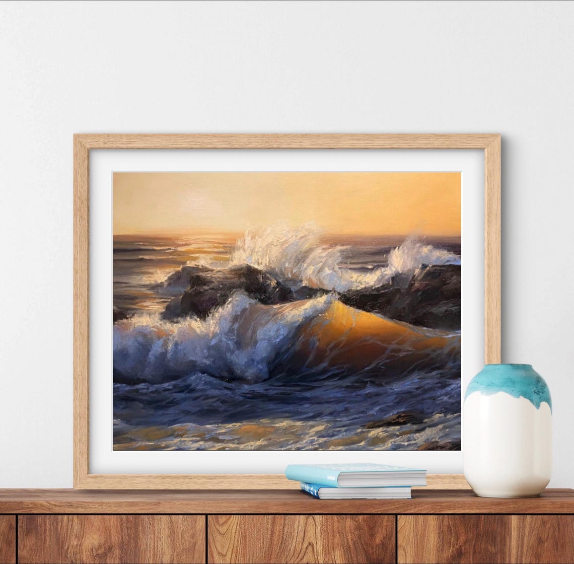 Golden Sunset Waves Breaking on Rocks Seascape Painting Art Poster