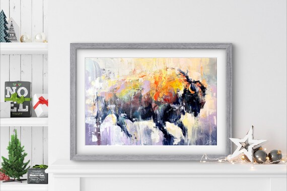 American Bison Buffalo Charging Colorful Impressionist Art Poster