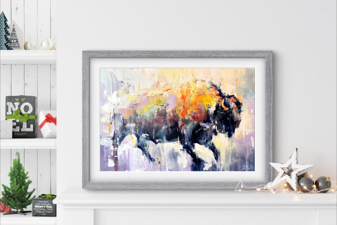American Bison Buffalo Charging Colorful Impressionist Art Poster