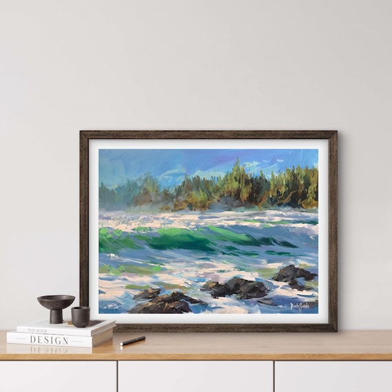 Tofino Rocky Coastline With Evergreen Forest And Emerald Green Waves Poster
