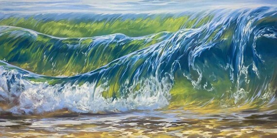 Curling Ocean Wave in Emerald Green and Blue Seascape Poster