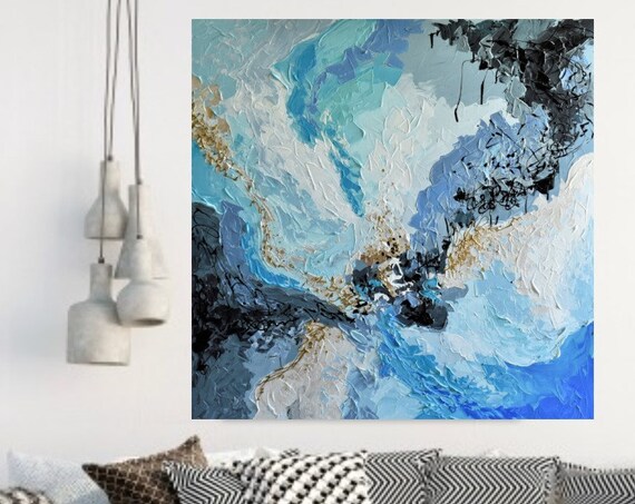 Blue Gold Abstract Painting On 36 Textured Modern Artwork Large Square Wall Art Impasto Contemporary Art