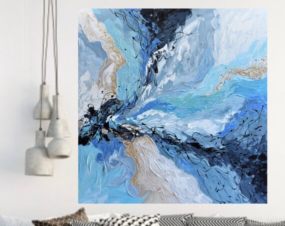 Large Blue Wall Art 36 Abstract Acrylic Painting Textured Blue Gray Art Impasto Modern Painting Blue Gold Square Abstract Artwork
