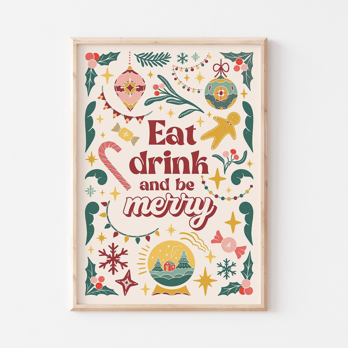 Eat Drink and Be Merry Retro Christmas Holiday Illustration Poster