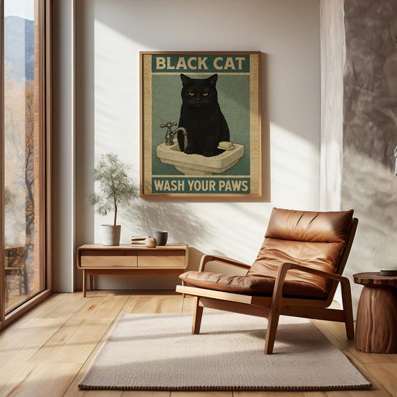 Black Cat Wash Your Paws Poster Funny Bathroom Wall Art Retro Pet Decor
