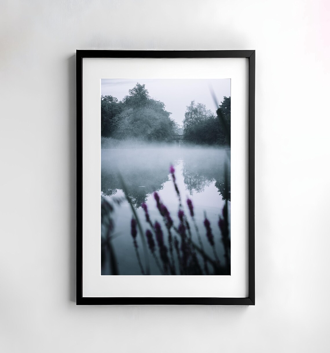 Misty Morning Lake with Purple Wildflowers in Soft Focus Nature Poster