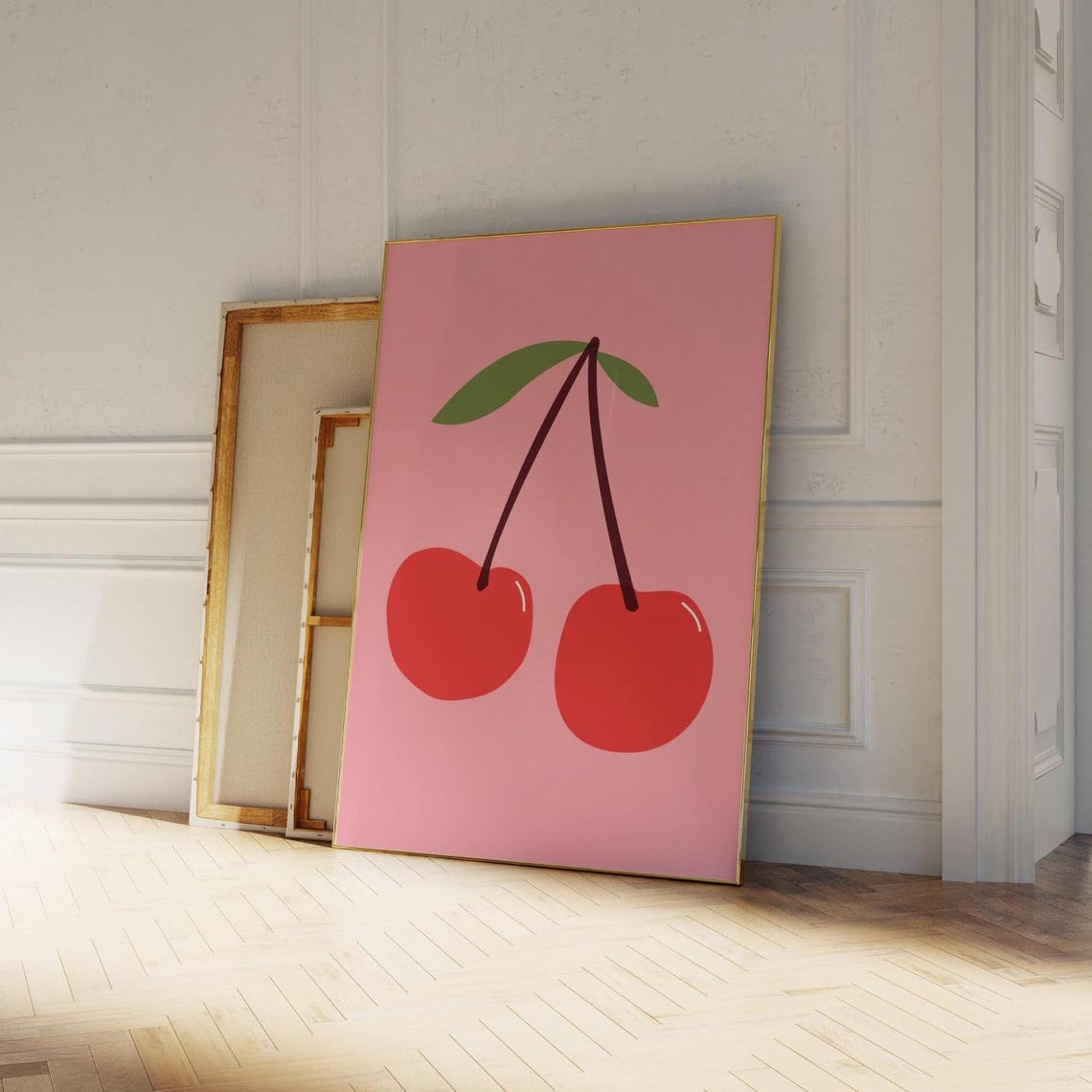 Red Cherry Pair Minimalist Pink Background Fruit Wall Decor Poster