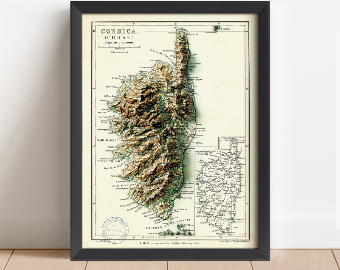 Corsica Corse 1872 Vintage Relief Map Antique Cartography Wall Art