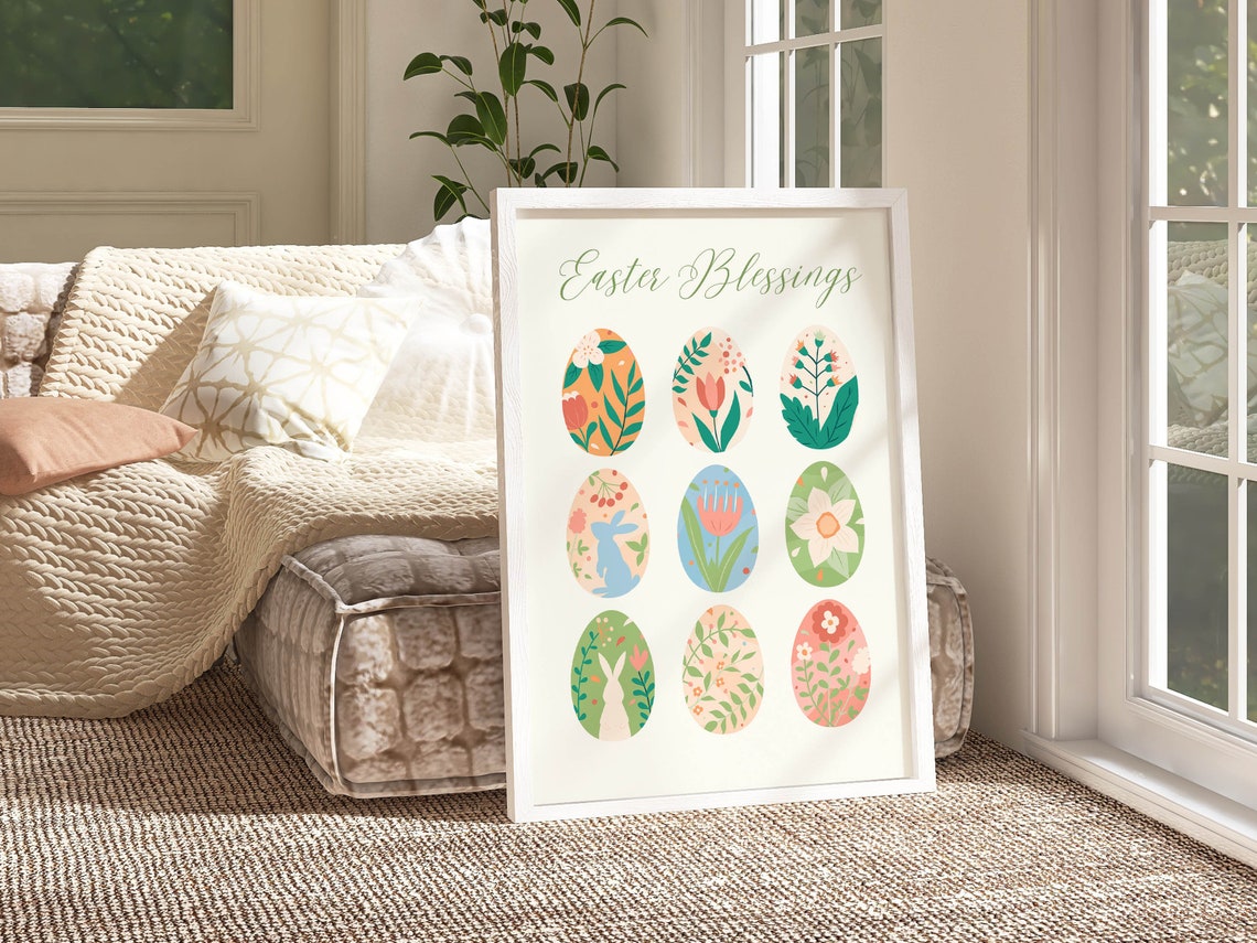 Easter Blessings Nine Floral Eggs With Bunnies Spring Art Poster - Image 2