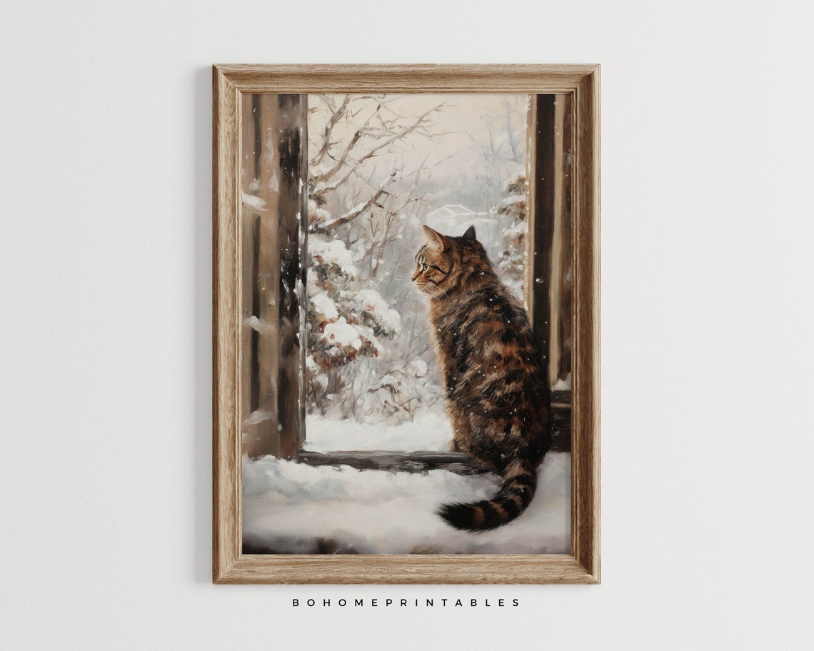 Tabby Cat Watching Snow Through Window Winter Farmhouse Cozy Art Print