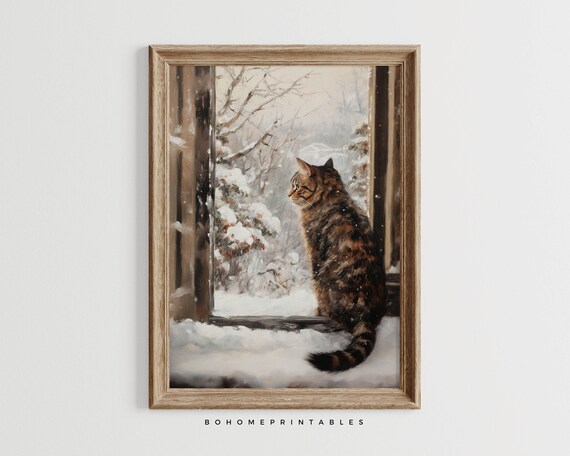 Tabby Cat Watching Snow Through Window Winter Farmhouse Cozy Art Print