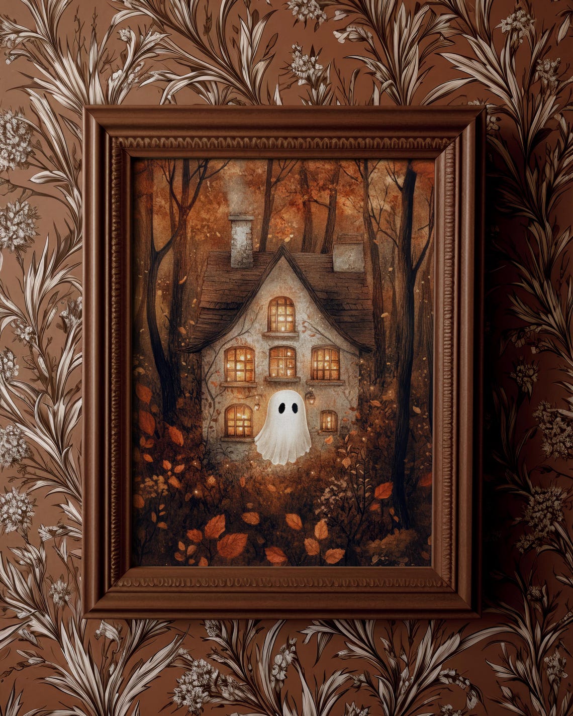 Cute Ghost Outside a Candlelit Cottage in the Fall Forest Poster - Image 2