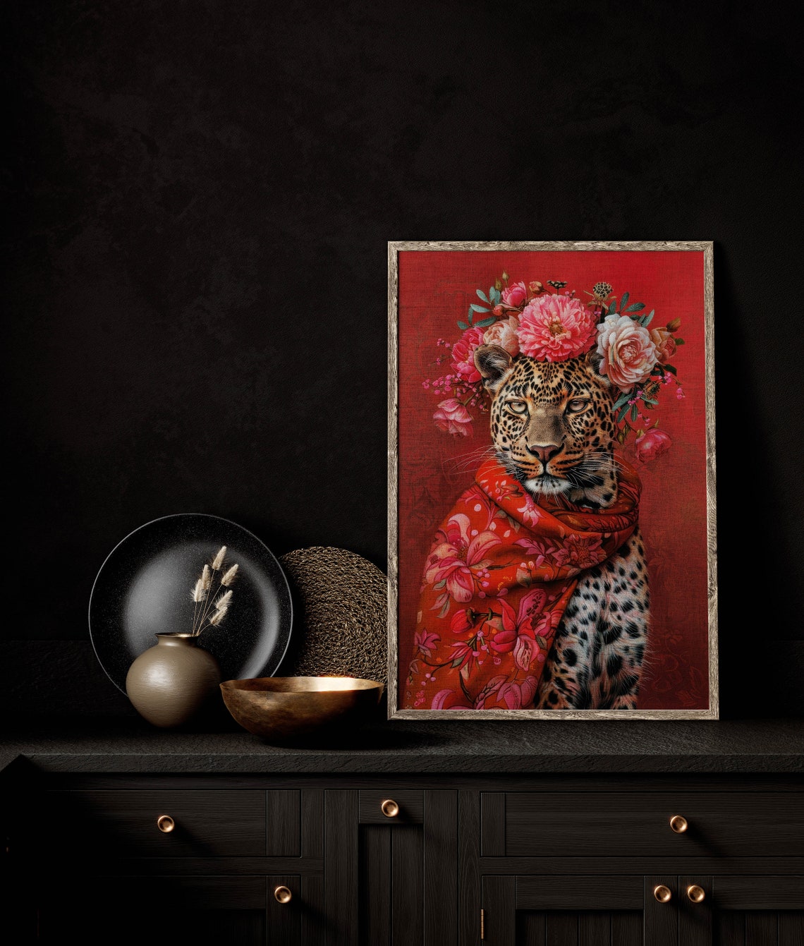 Leopard Wearing Floral Scarf Flower Crown Red Background Animal Wall Art - Image 2