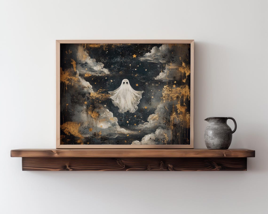 Cute Ghost In Golden Stormy Night Sky Clouds Spooky Halloween Poster
