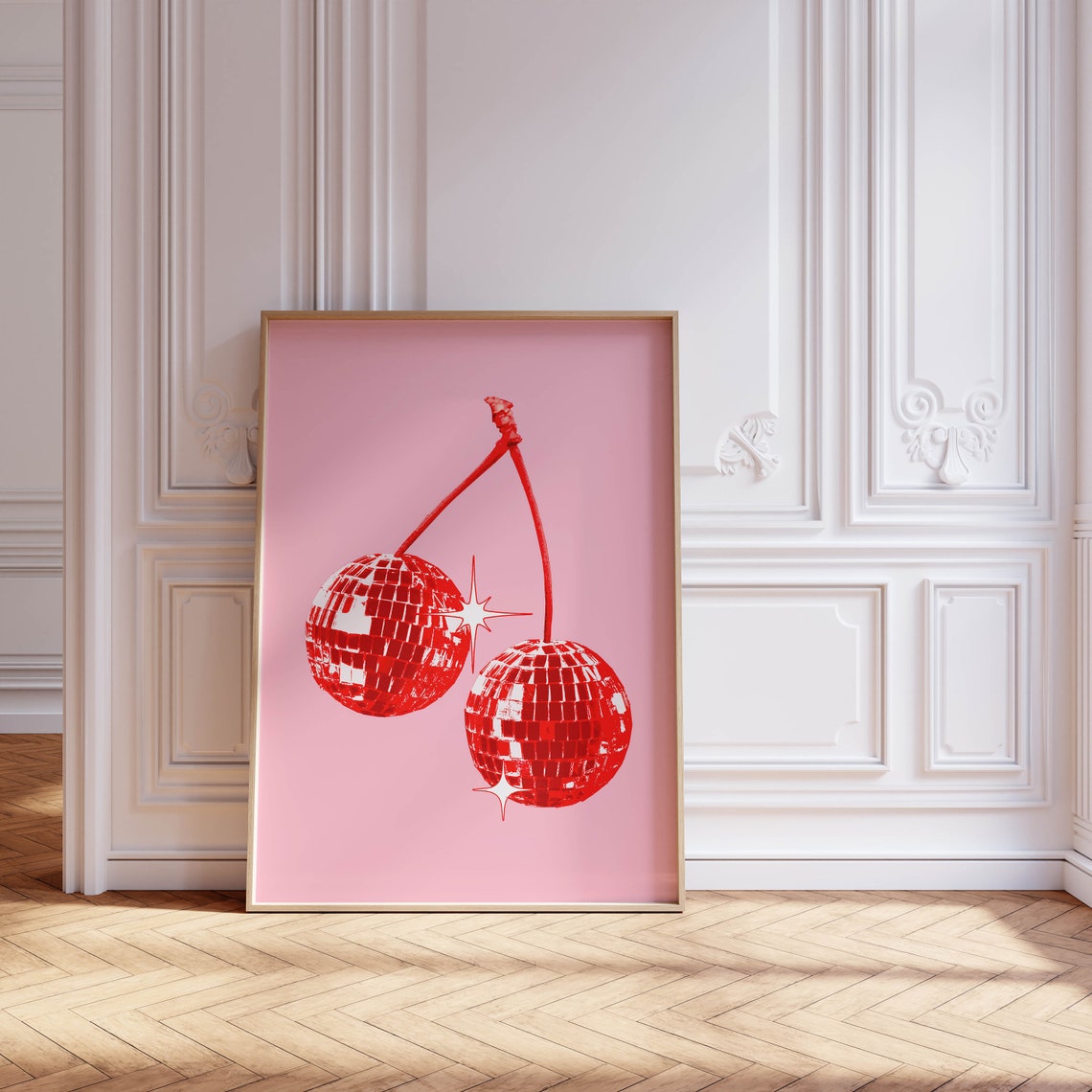 Red Disco Ball Cherries Pink Trendy Y2K Aesthetic Dance Poster - Image 2