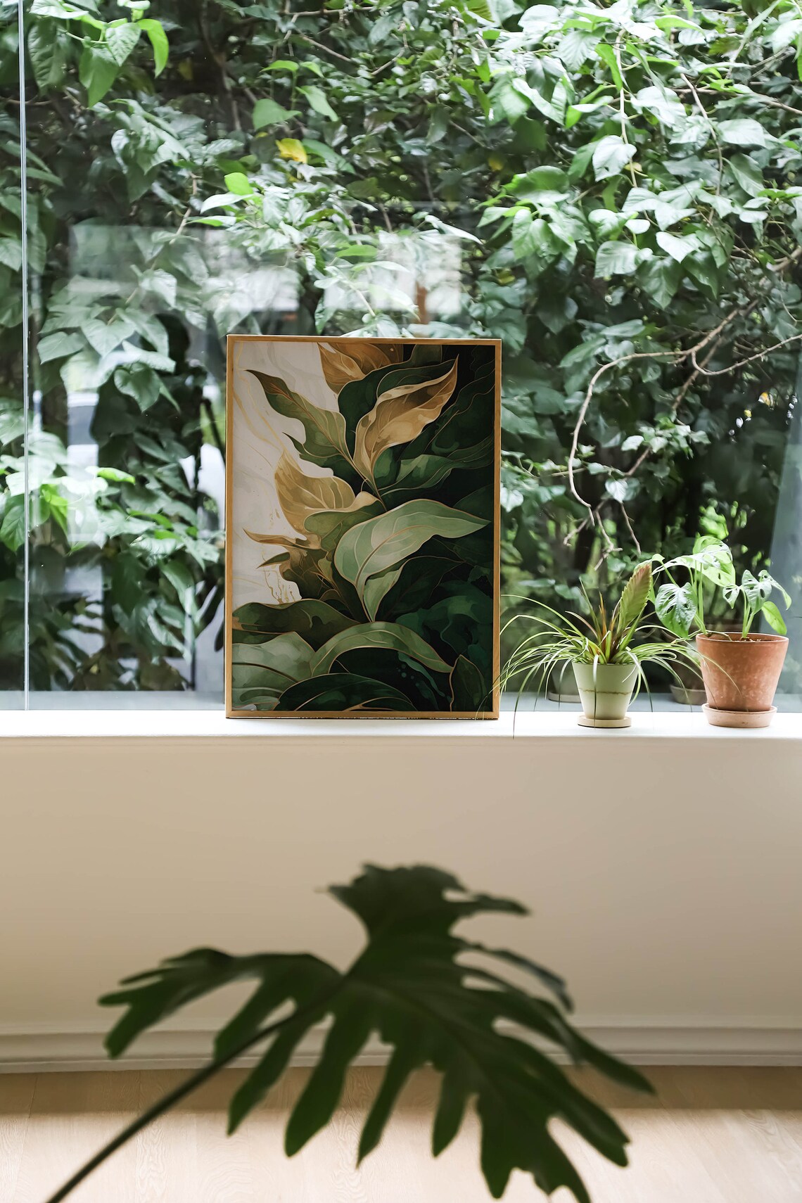 Emerald Gold Art Deco Tropical Leaves Botanical Painting Poster - Image 2
