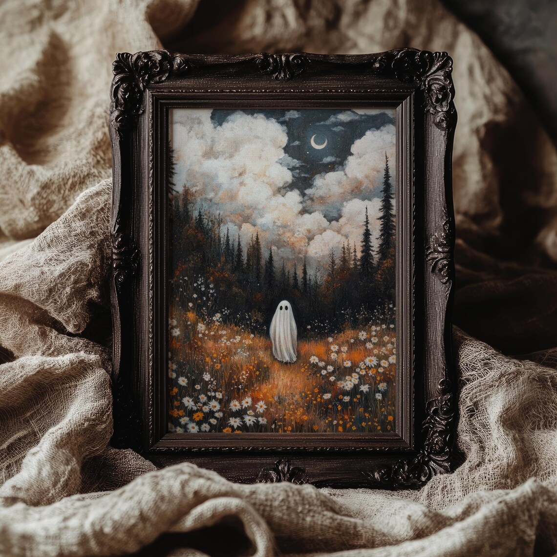 Cute Ghost In A Moonlit Wildflower Meadow Moody Halloween Poster - Image 2