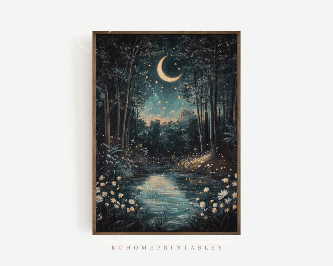 Moonlit Forest Stream with Crescent Moon and Wildflowers Poster - Image 2