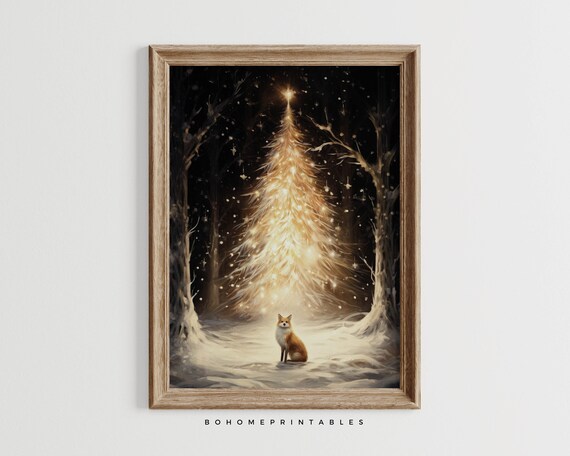 Glowing Christmas Tree with a Red Fox in a Snowy Winter Forest Poster