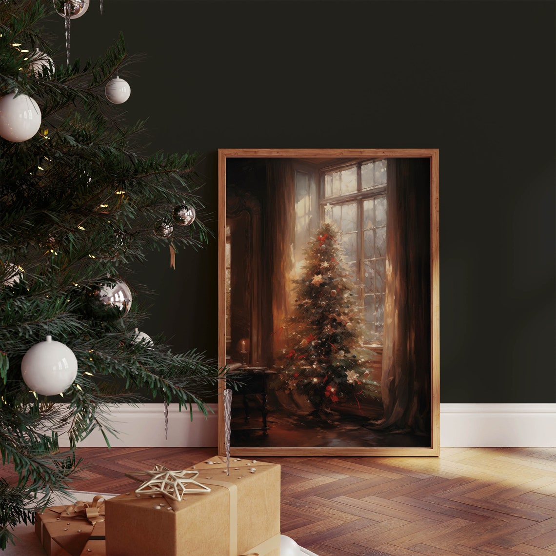 Christmas Tree by Tall Windows Moody Vintage Living Room Art Poster - Image 3