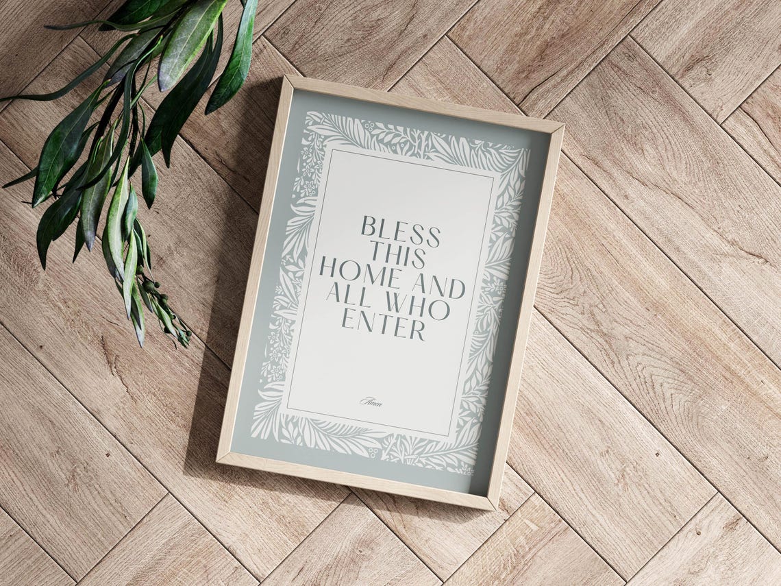 Bless This Home And All Who Enter Blue Botanical Wall Poster - Image 2