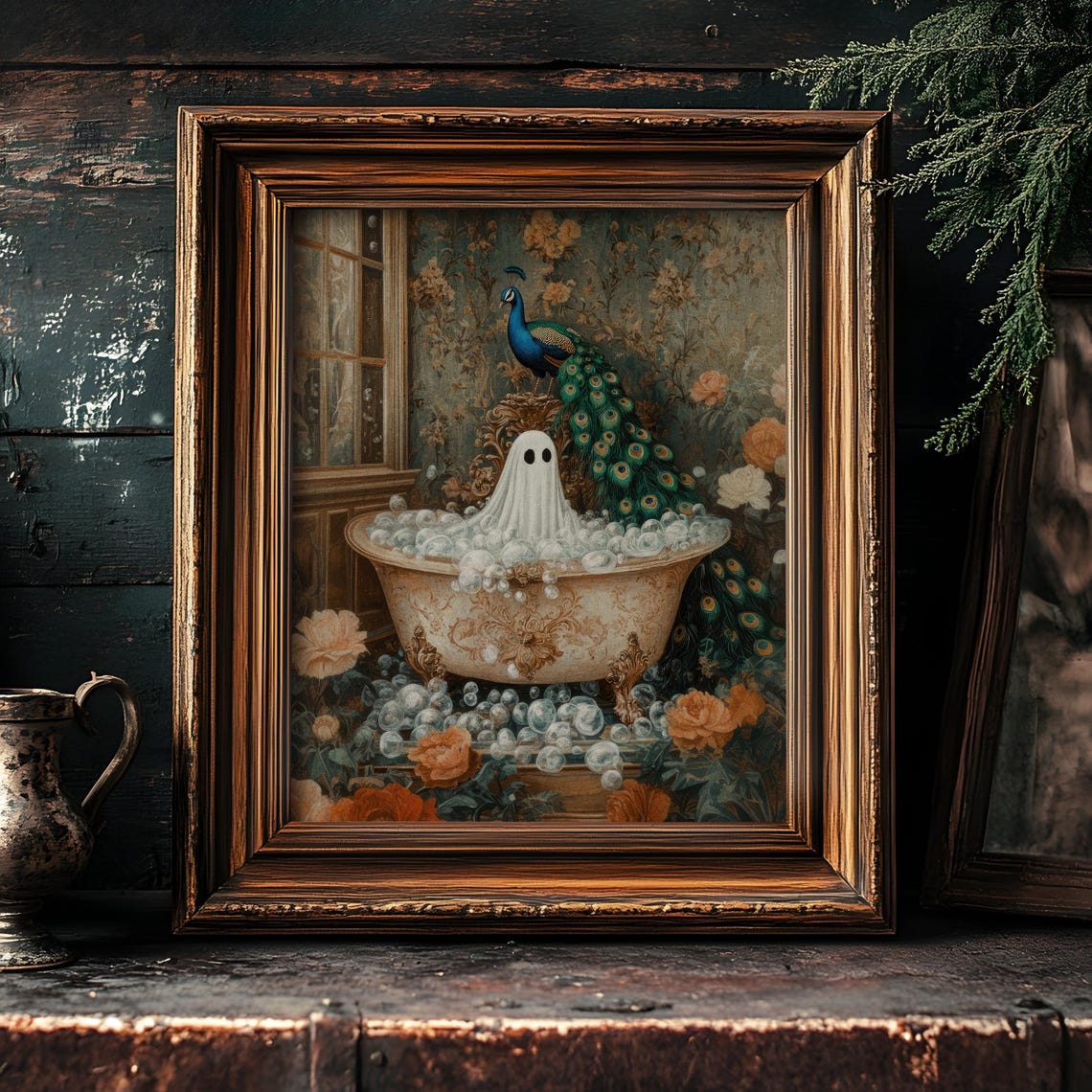 Cute Ghost Soaking in a Vintage Bubble Bath Beside a Peacock Poster