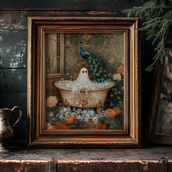 Cute Ghost Soaking in a Vintage Bubble Bath Beside a Peacock Poster