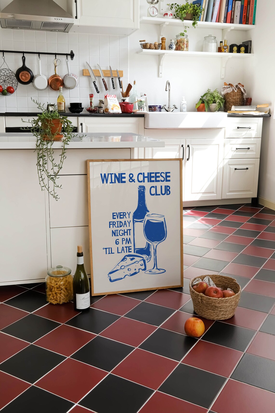 Wine and Cheese Club Friday Night Navy Blue Retro Kitchen Poster - Image 2