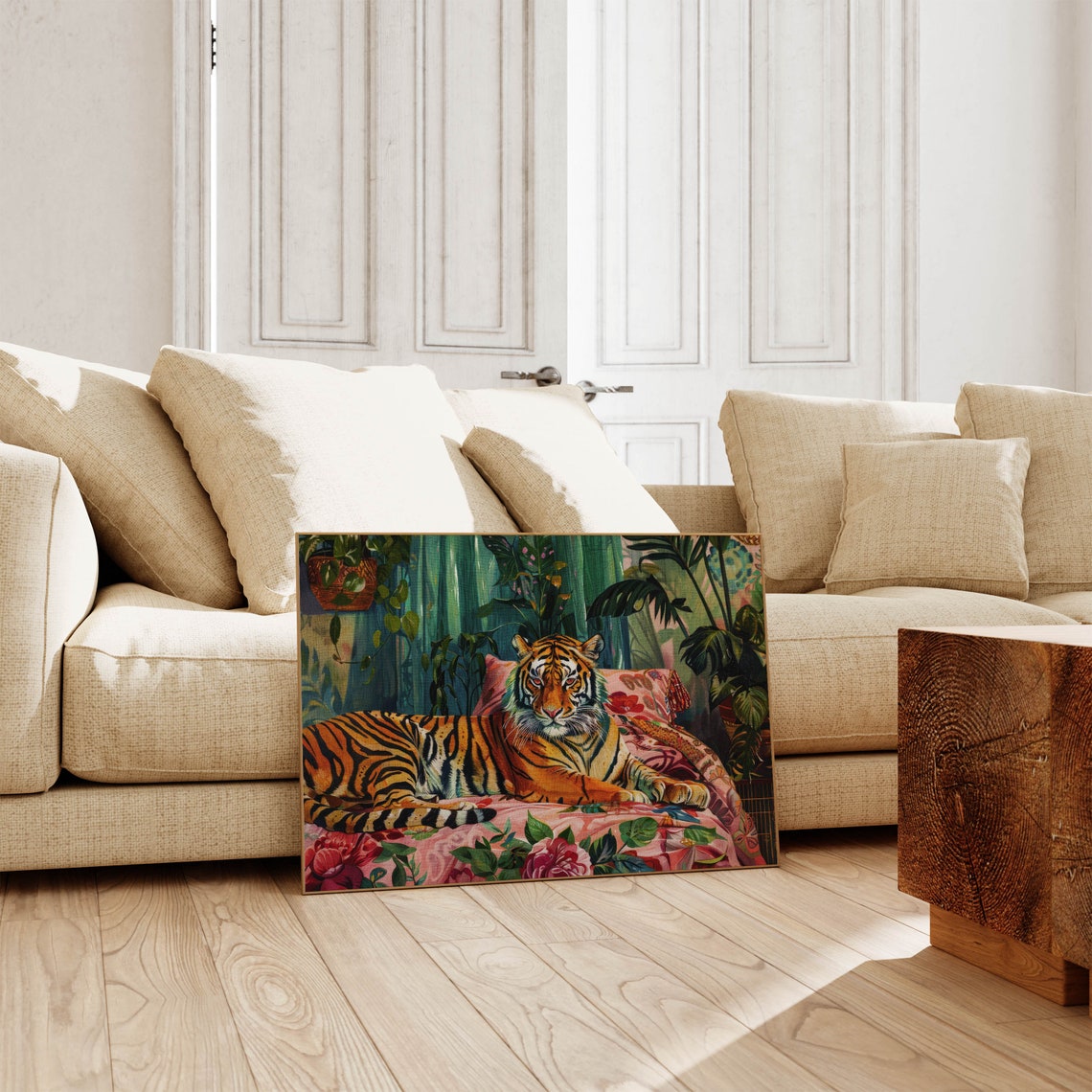 Tiger Lounging on Floral Sofa Jungle Maximalist Tropical Eclectic Wall Art - Image 2