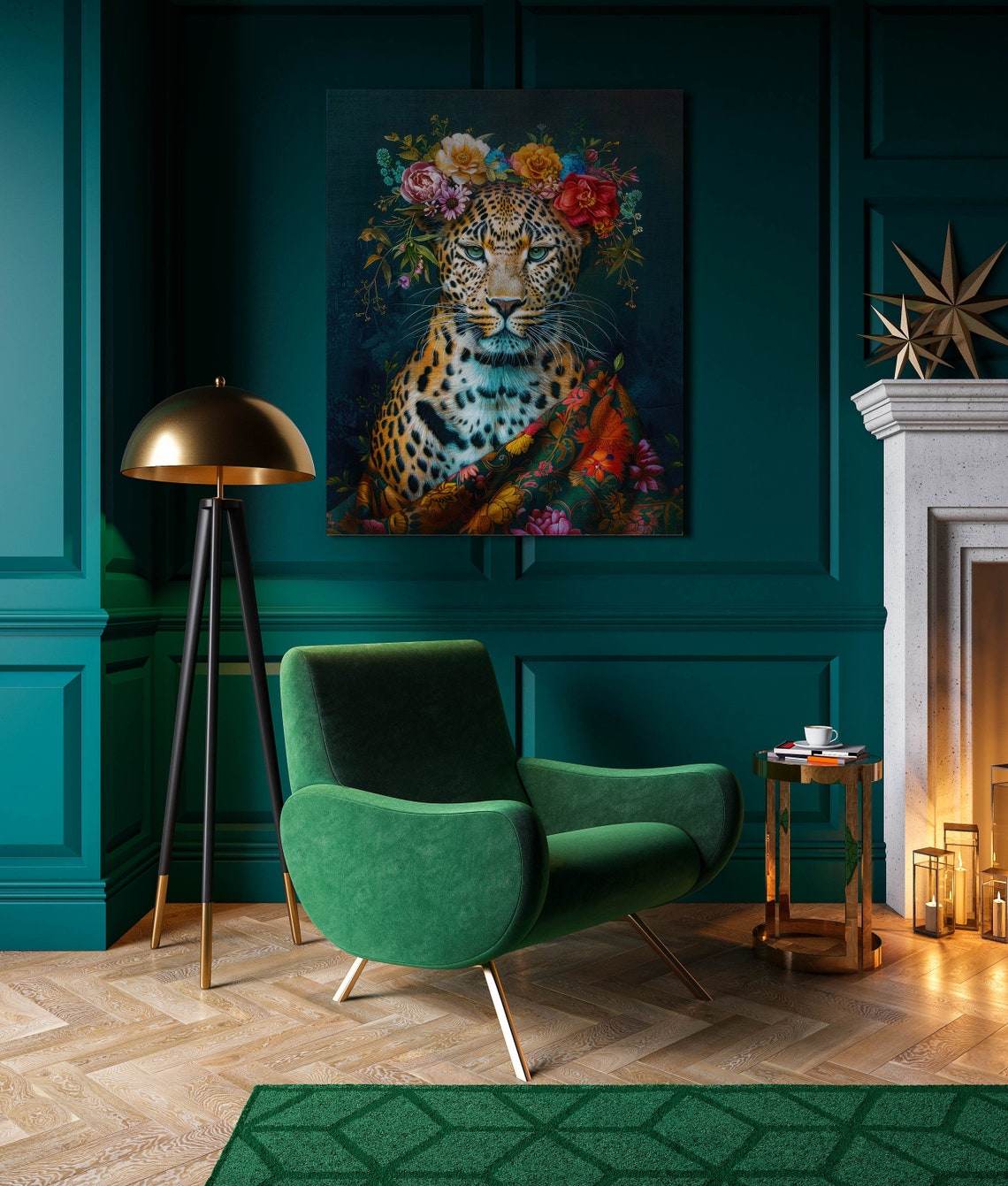 Leopard Floral Crown Dark Teal Exotic Maximalist Animal Art Poster - Image 2