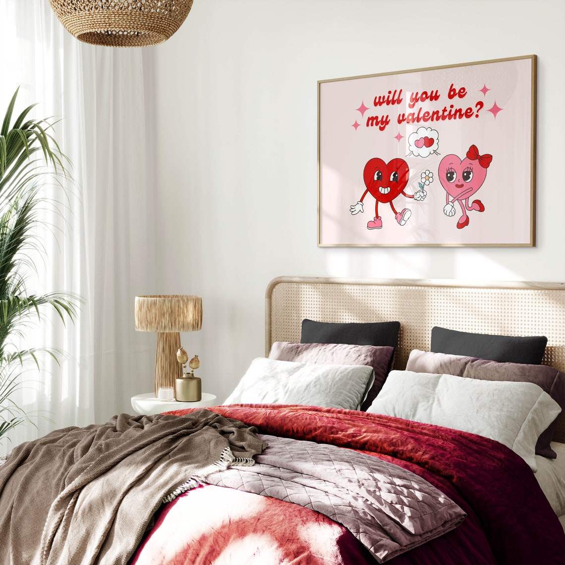 Retro Will You Be My Valentine Cartoon Hearts Love Quote Poster - Image 2